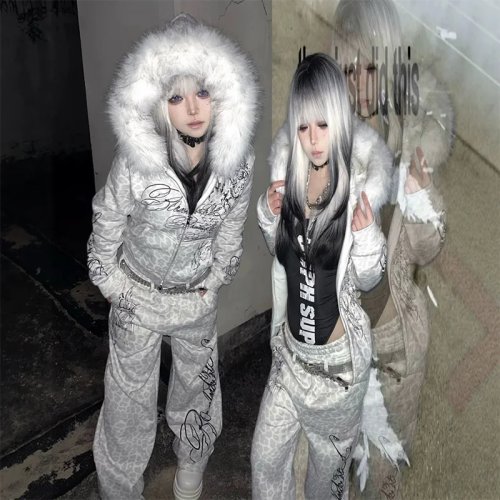Set áo hoodie nữ 2 món mùa đông Y2K Gothic họa tiết báo lông giả mũ trùm khóa kéo cropped oversize tay dài