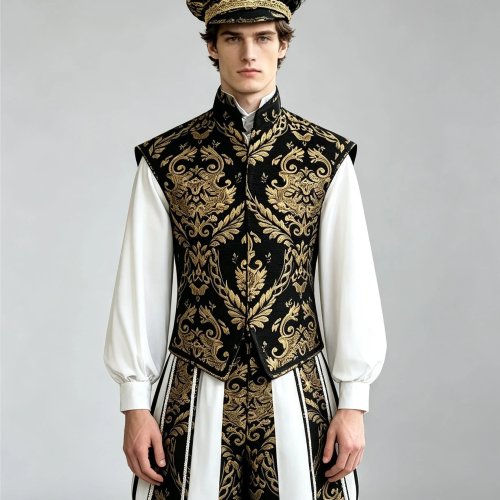 Costume Principe Rinascimentale Medievale Uomo Gilet Jacquard e Pantaloni Bloomers Zucca Corte Gotica