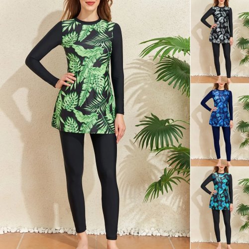 Ensemble tankini femme imprimé feuilles tropicales, haut manches longues et legging taille haute, maillot de bain 2 pièces