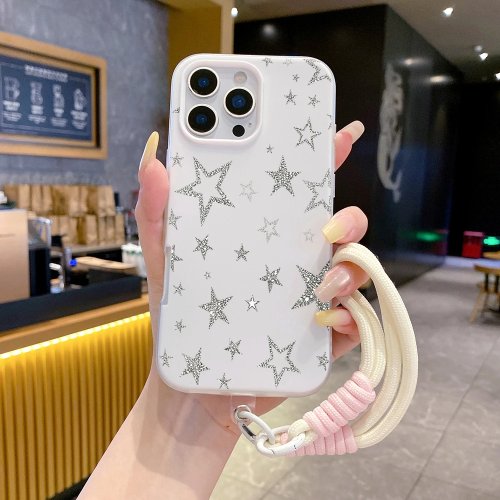 Funda para celular TPU plateada con estrellas Y2K, correa de muñeca y cordón para iPhone 17/16/15/14/13/12/11 Pro Max XS XR X 7 8 Plus