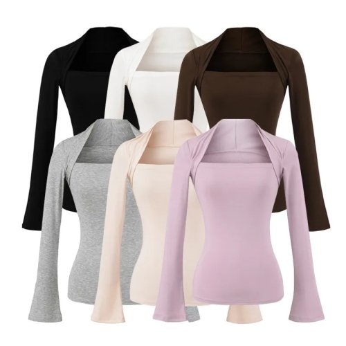 Damen Crop Top Langarm T-Shirt - Patchwork Street Style Slim Fit Pullover