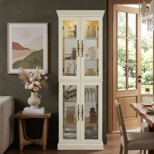 Vetrina Illuminata per Soggiorno, Conservazione Liquori, Finitura Legno Vintage, Ripiani Regolabili, 4 Porte in Vetro Temperato, Lampadina Inclusa