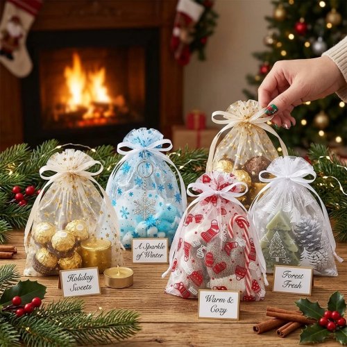 Christmas Organza Drawstring Gift Bags – Snowflake Mesh & Silver Foil Candy Pouches for Party Wedding Halloween Xmas Decor