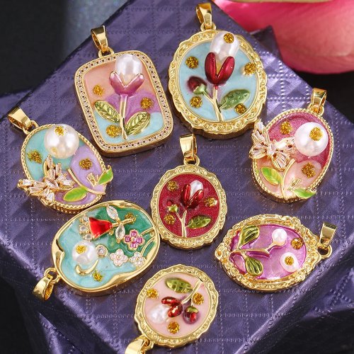Charm Enamel Hoa Vẽ Dầu, Mặt Dây Chuyền Hoa Vintage, Charm Ngọc Trai Giả để DIY Dây Chuyền Hoa Tai Vòng Tay Trang Sức