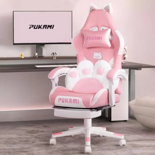Ghế gaming màu hồng cho bé gái với tai mèo, gối tựa lưng hình bàn chân, da PU, thiết kế công thái học ngả lưng kèm để chân và gối tựa đầu