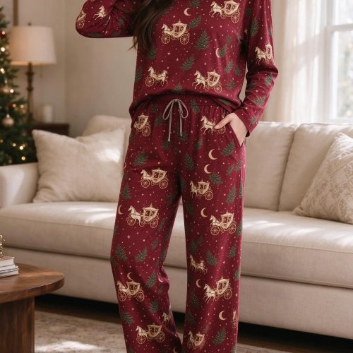 Conjunto de pijama para mujer imitación algodón – Estampado floral vintage de rosas rojas, cuello redondo, manga larga, 2 piezas, ropa para dormir y estar en casa