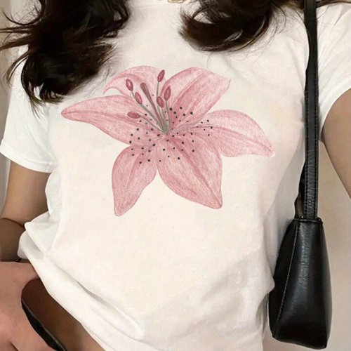 Playera de mujer casual con estampado floral, cuello redondo, manga corta, verano Harajuku streetwear