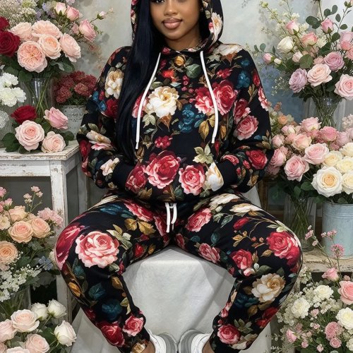 Bộ Đồ Thể Thao Nữ Vintage Hoa Hồng 2 Món, Áo Hoodie & Quần Jogger In Toàn Bộ, Vải Mềm Mại, Thường Ngày Lounge Streetwear