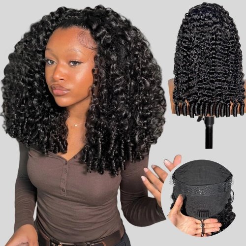 Perruque 100% Cheveux Humains Sans Colle Burmese Curly Bandeau, 3 en 1 Half Wig avec Cordon et Clips Sans Coutures