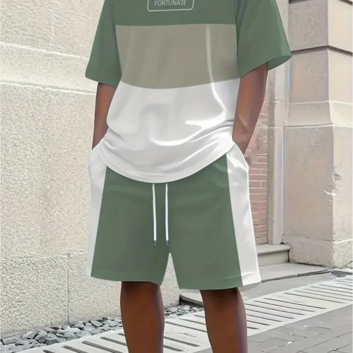 Conjunto de 2 Piezas para Hombre Verano Playera Manga Corta y Short Estampado 3D Rayas Deportivo Casual Calle