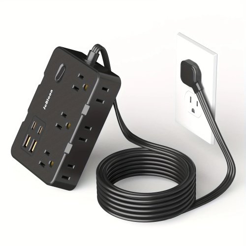 초슬림 플랫 플러그 멀티탭 4 USB 포트(USB-C 2개), 1.5m 서지 보호 전원 스트립, 넓게 배치된 6구 콘센트