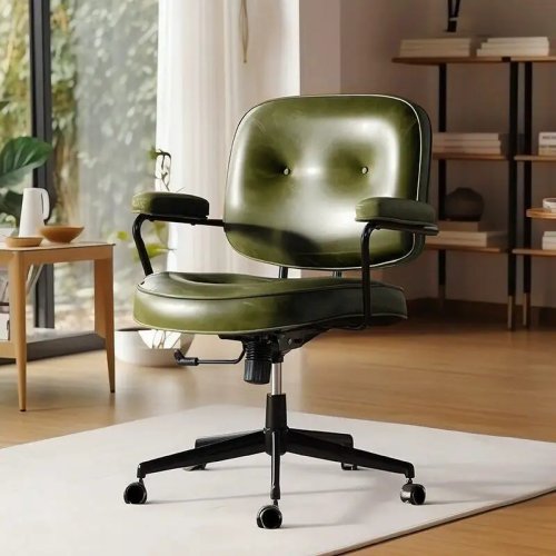 Vintage Green Leather Ergonomic Gaming Chair – Swivel Rolling Adjustable Height Padded Office Desk Chair with Armrests