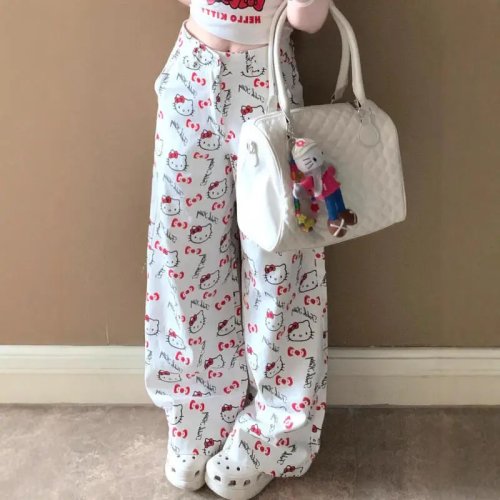 Джинсы Hello Kitty Ретро Женские Весна Лето Свободные Высокая Талия Широкие Штанины Слим Деним Брюки Удобные Модные