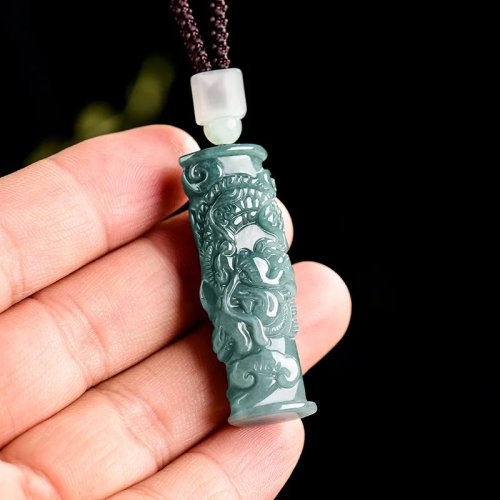 Collier Pendentif Dragon en Jade de Myanmar - Pierre Naturelle Talisman, Bijou de Luxe