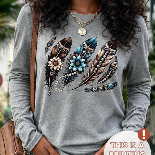 Women's Round Neck Long Sleeve Printed T-Shirt – Boho Feather & Tribal Floral Minimalist Top, Breathable Casual Daily Wear