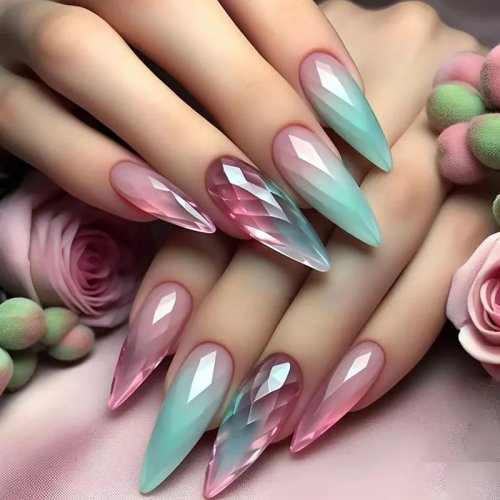 24 Stück Gradient Fake Nägel, mittellange Mandelform Cat Eye, abnehmbare Press-On-Nägel Nagelkunst