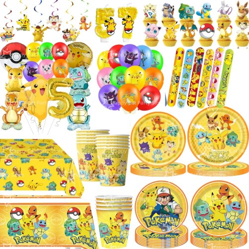 Pokéball Birthday Party Decoration & Tableware Set – Balloons, Tablecloth, Cups, Plates, Napkins, Backdrop, Bulbasaur & Charizard Party Favors