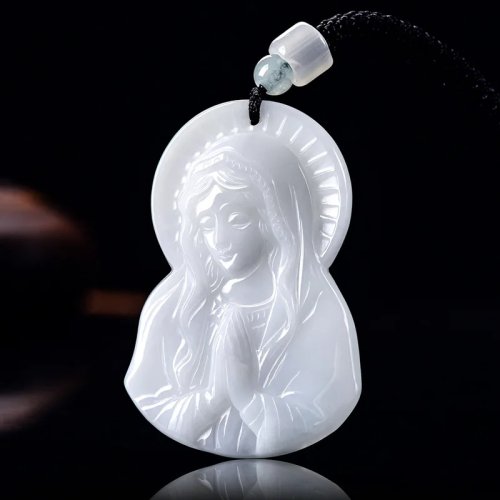 Collar con dije de la Virgen María de jadeíta birmana natural, amuleto tallado en jade genuino, joyería vintage regalo para mujer