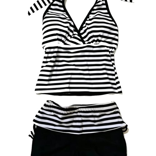 Traje de Baño Tankini Mujer Rayas Halter Cuello V 2 Piezas con Short Boyshort 2026