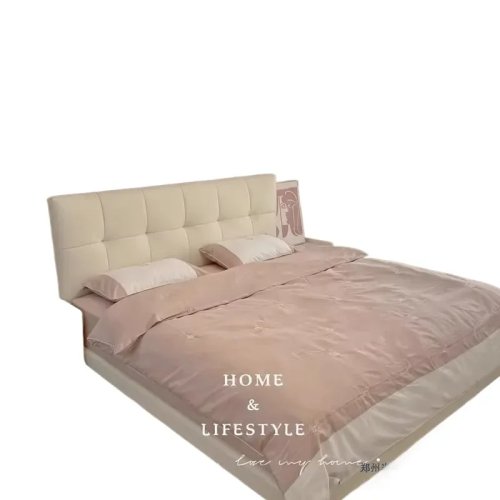 Lederbett 2024 im Creme-Stil für das Hauptschlafzimmer – schlichtes Design in leichtem Luxus, Massivholzrahmen, Doppelbett