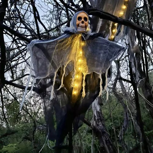 Halloween 2026 Décoration Suspendue Fantôme Lumineuse Crâne Squelette Gaze - Accessoire de Fête d'Horreur pour Maison, Jardin, Extérieur, 1 pièce