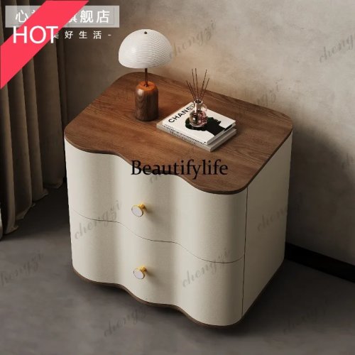 9344 Italian Solid Wood Curved Bedside Table with Walnut Surface, High-End Designer Nightstand