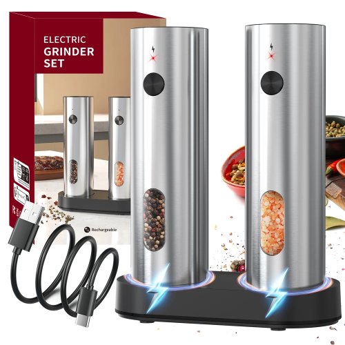 Automatische peper- en zoutmolen, USB-oplaadbaar, verstelbare maalfijnheid, LED-licht voor keuken