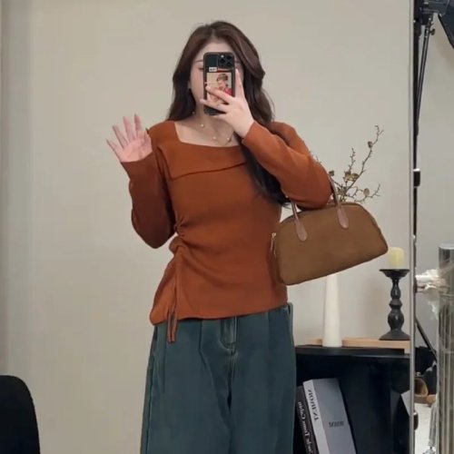 Top donna taglie forti scollo quadrato maniche lunghe coulisse orlo irregolare Dralon slim fit maglia basic per primavera e autunno