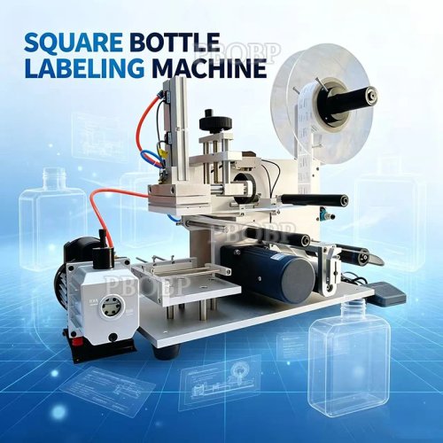 Máquina etiquetadora plana semiautomática con impresora de etiquetas para botellas cuadradas y productos planos – etiquetado y codificación de fecha a la vez