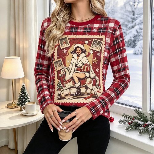 レディース クリスマス 長袖Tシャツ 3Dサンタプリント