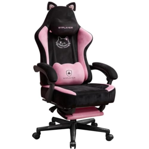 Cat Ear Gaming Chair for Adults & Teens, Pink & Black Fabric Ergonomic Recliner with Footrest and Cat Paw Lumbar Support