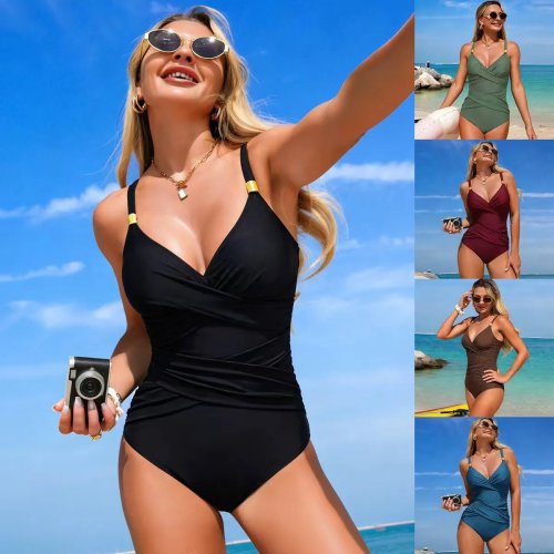Bikini Damskie z Dekoltem V, Marszczeniem z Przodu, Wysoko Wyciętymi Nogawkami, Styl Kopertowy w Kolorach Czarny, Oliwkowy, Morski
