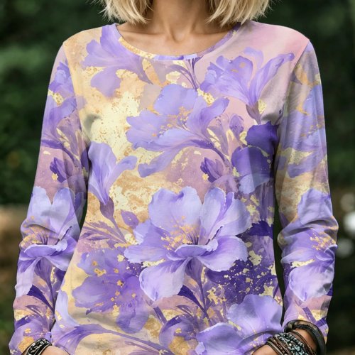 Blouse femme imprimé floral aquarelle violet col rond manches longues poche casual ample