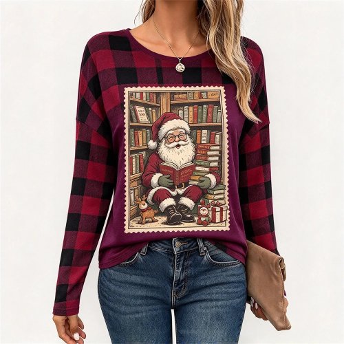 Áo Pullover Giáng Sinh Ông Già Noel Nữ Tay Dài Kẻ Ca Rô và Sọc - Áo Thun Dự Tiệc Dễ Thương