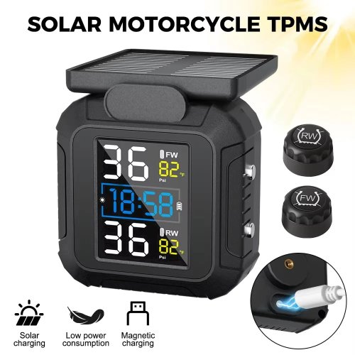 YNF TPMS للدراجات النارية شحن شمسي وUSB، 2 حساسات خارجية، إنذار ضغط وحرارة الإطارات في الوقت الفعلي، شاشة LCD مع ساعة