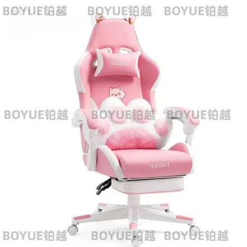 Fotel gamingowy kawaii z uroczą poduszką w uszy, ergonomiczny fotel komputerowy dla dziewczynek z podparciem lędźwiowym, mebel do biura domowego