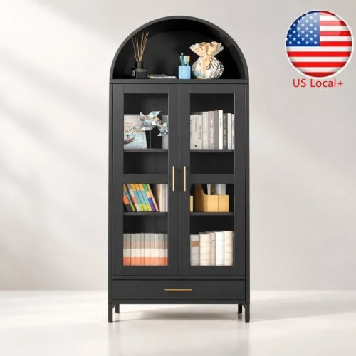 73-Inch Tall Arched Storage Cabinet, Black Metal Display Cabinet with Glass Doors, 2 Adjustable Shelves & Drawer, Modern Farmhouse Living Room