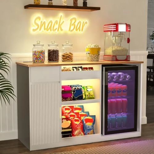 Mueble bar para botanas de 130 cm con espacio para refrigerador y organizador de botanas