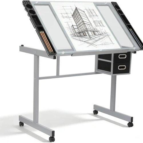 Table à Dessin Réglable avec Plateau en Verre Trempé Inclinable 0°-65°, 4 Compartiments + 2 Tiroirs en Tissu, Roulettes 360° et Freins