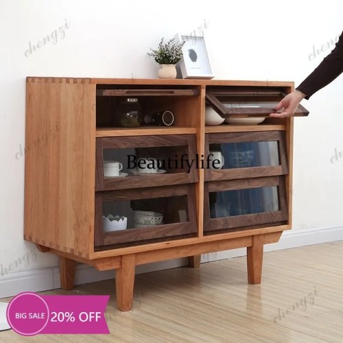 Buffet d'appoint en bois massif nordique pour salle à manger, meuble moderne de salon avec portes en verre rabattables et casier à vin 9 bouteilles