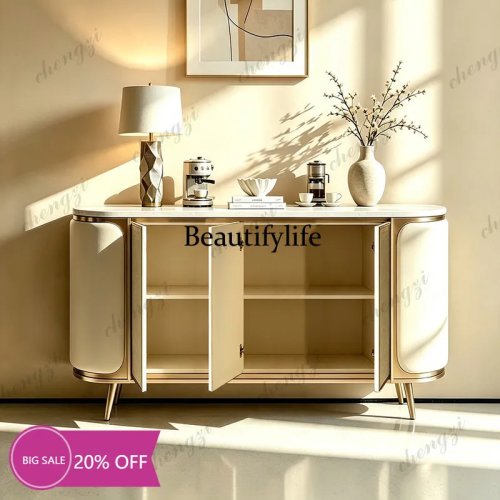 MM02 Buffet d'Appoint en Marbre Luxe Italien | Meuble de Rangement en Bois Massif Crème pour Salle à Manger et Entrée