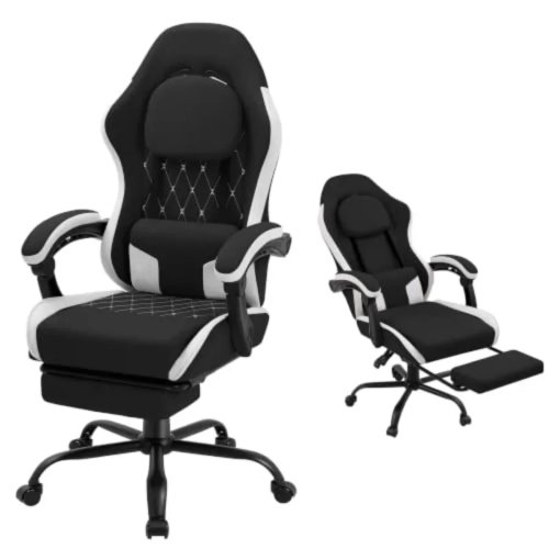 Cadeira gaming para adultos, tecido, preta, design ergonómico com apoio lombar, cadeira reclinável de encosto alto com apoio de pés e bolso