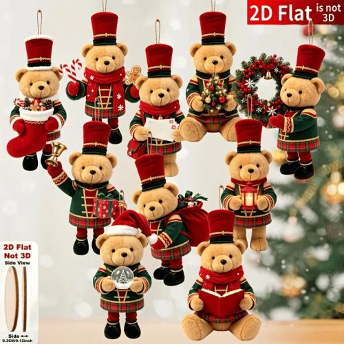 Set de 10 adornos navideños de oso de madera 2D hechos a mano para árbol y hogar
