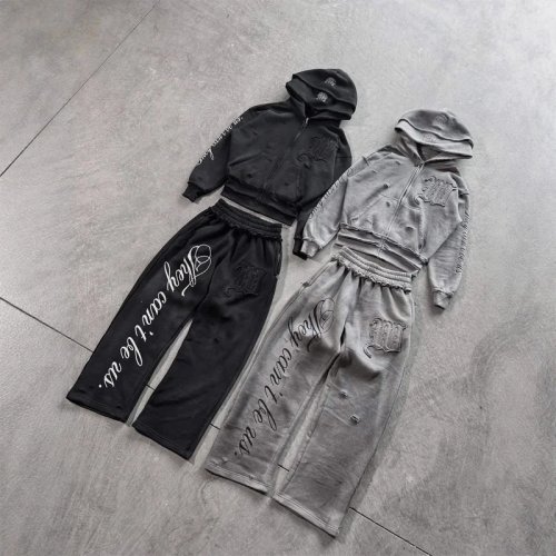 Felpa con cappuccio unisex con zip, ricamo distressed con lettere, oversize Y2K gotico streetwear maniche lunghe uomo donna