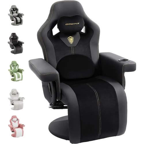 كرسي ألعاب recliner بتصميم سباق مع مساج أسفل الظهر ومسند للقدمين وحامل أكواب وجيب جانبي وظهر عالٍ مريح