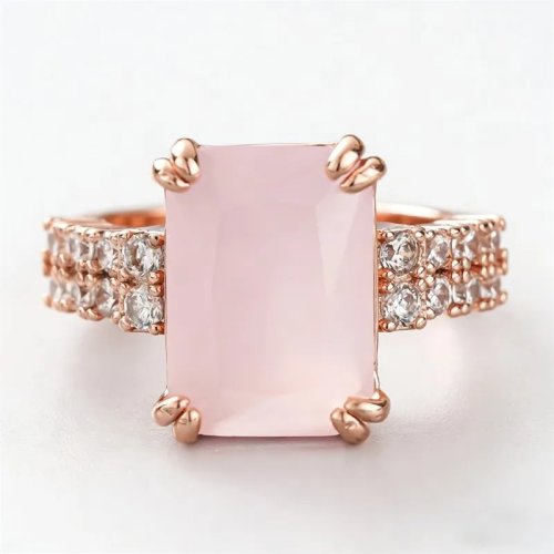 Huitan Anillo de Compromiso Elegante en Oro Rosa con Piedra Rosa y Circonita Cúbica Brillante, Accesorio para Dedo para Ceremonia de Boda