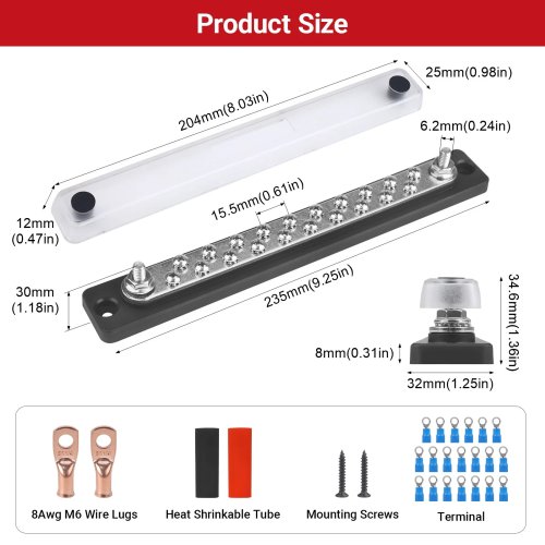 Kit Busbar Distribusi Daya & Ground 20 Terminal dengan Ring Terminal Heat Shrink, Cover, Baut M6, Hitam