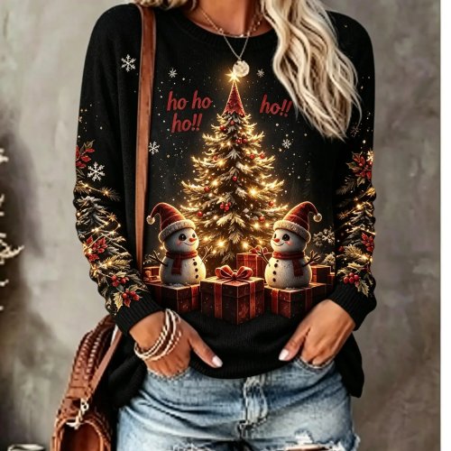 T-shirt de Manga Comprida para Mulher Estampa de Natal - Boneco de Neve Árvore de Natal Floco de Neve Gola Redonda Casual