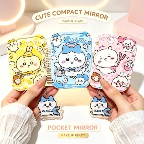 Specchio da borsetta pieghevole Kawaii Chiikawa Usagi Hachiware con pettine integrato, specchio cosmetico portatile da viaggio