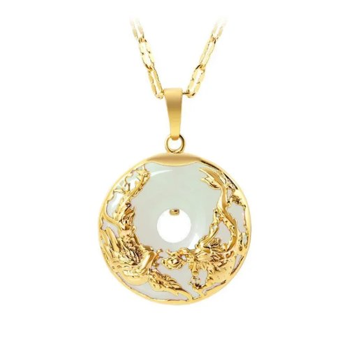 Dây chuyền mặt ngọc bích tự nhiên hình rồng phượng – bùa may mắn chạm khắc thủ công, vòng cổ bùa hộ mệnh, quà tặng nam